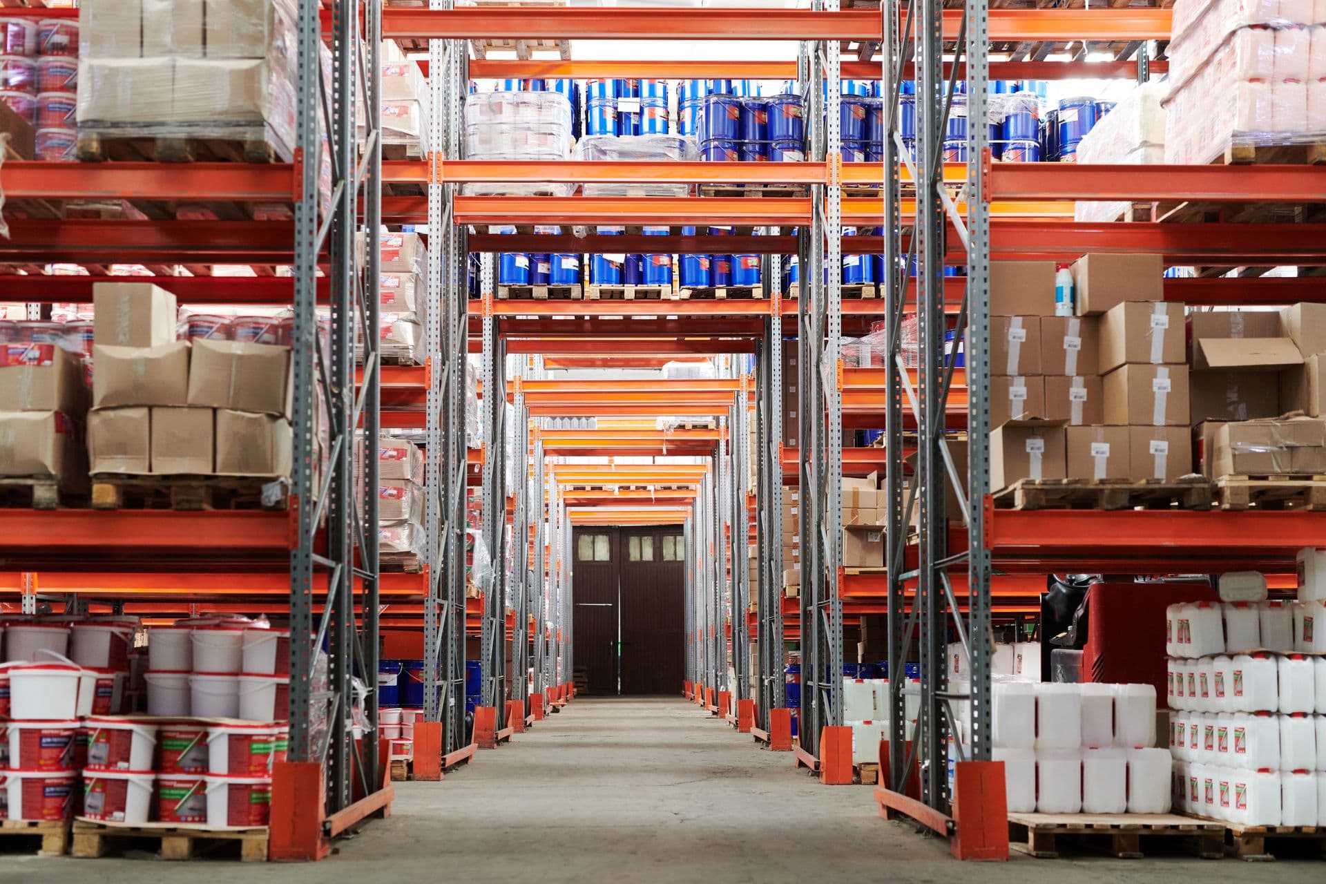 Warehouse shelves stocked with packaged goods